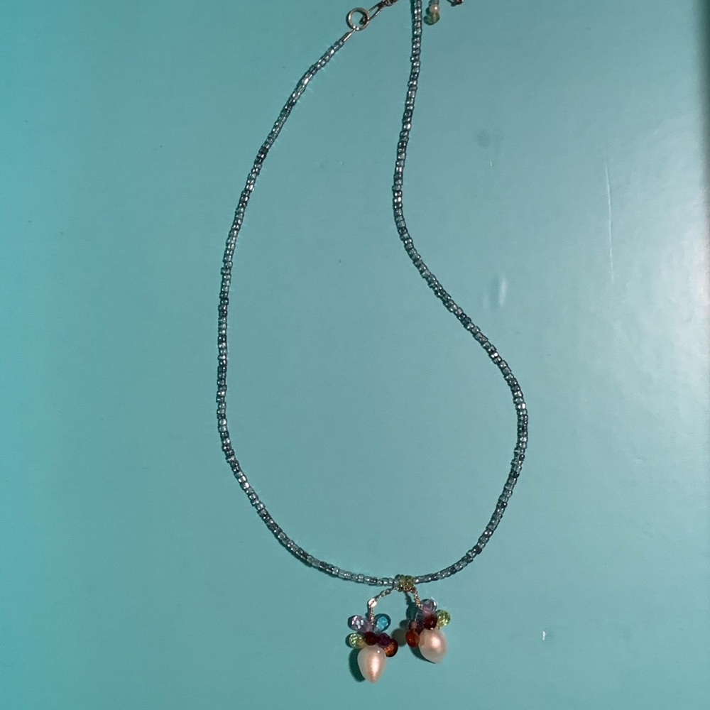 Blue and pearl colorful beaded necklace
